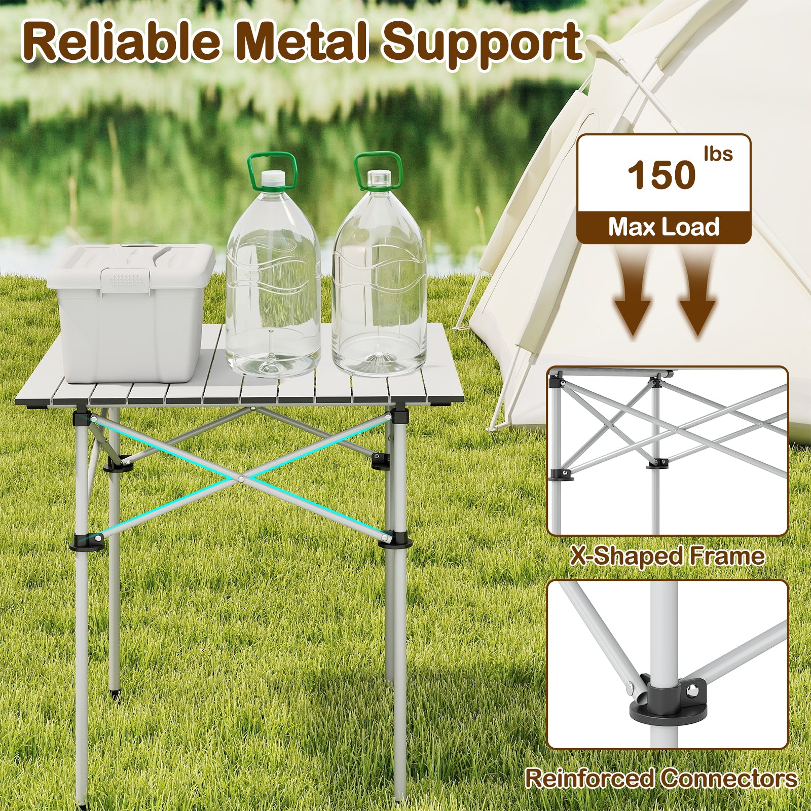 Folding Roll-up Camping Table with Metal Legs, Silver Camping Furniture at Gallery Canada