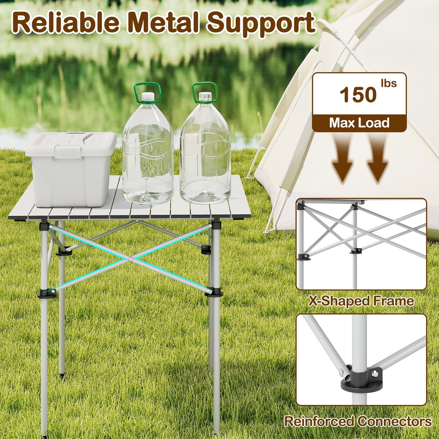Folding Roll-up Camping Table with Metal Legs, Silver Camping Furniture at Gallery Canada