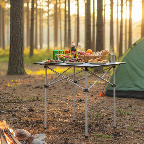 Folding Roll-up Camping Table with Metal Legs, Silver