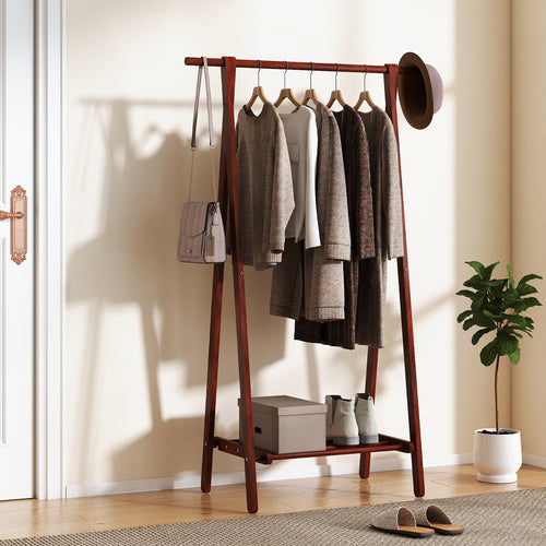 Folding Rubber Wood Clothes Hanging Rack Standing Garment Rack with Bottom Storage Shelf, Walnut