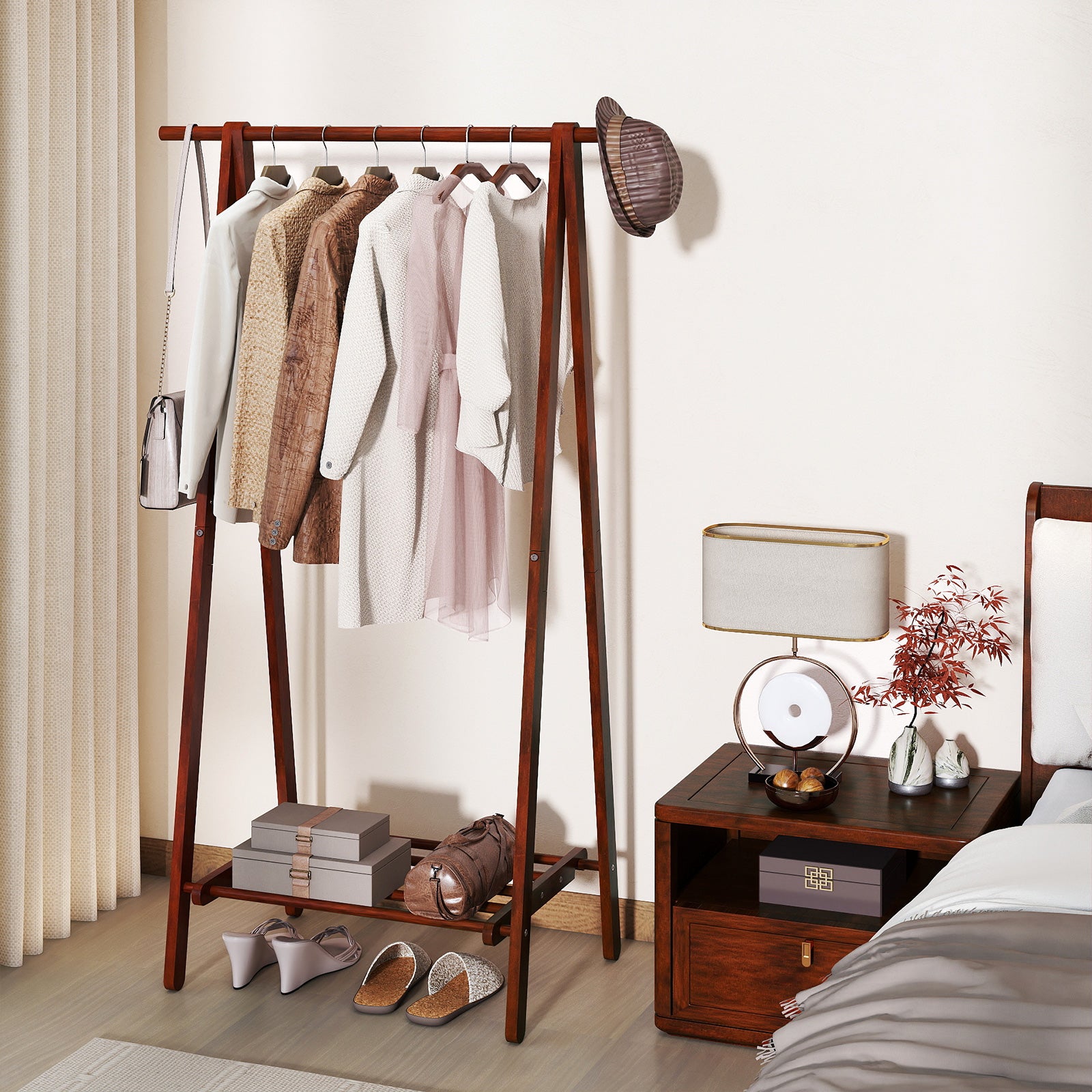 Folding Rubber Wood Clothes Hanging Rack Standing Garment Rack with Bottom Storage Shelf, Walnut Coat Racks & Hall Trees at Gallery Canada