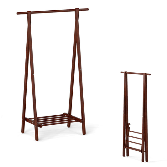 Folding Rubber Wood Clothes Hanging Rack Standing Garment Rack with Bottom Storage Shelf, Walnut Coat Racks & Hall Trees Walnut at Gallery Canada