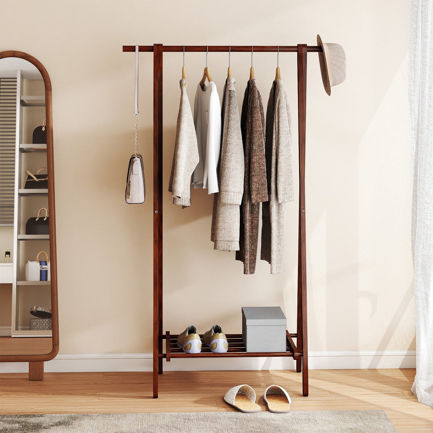 Folding Rubber Wood Clothes Hanging Rack Standing Garment Rack with Bottom Storage Shelf, Walnut Coat Racks & Hall Trees at Gallery Canada