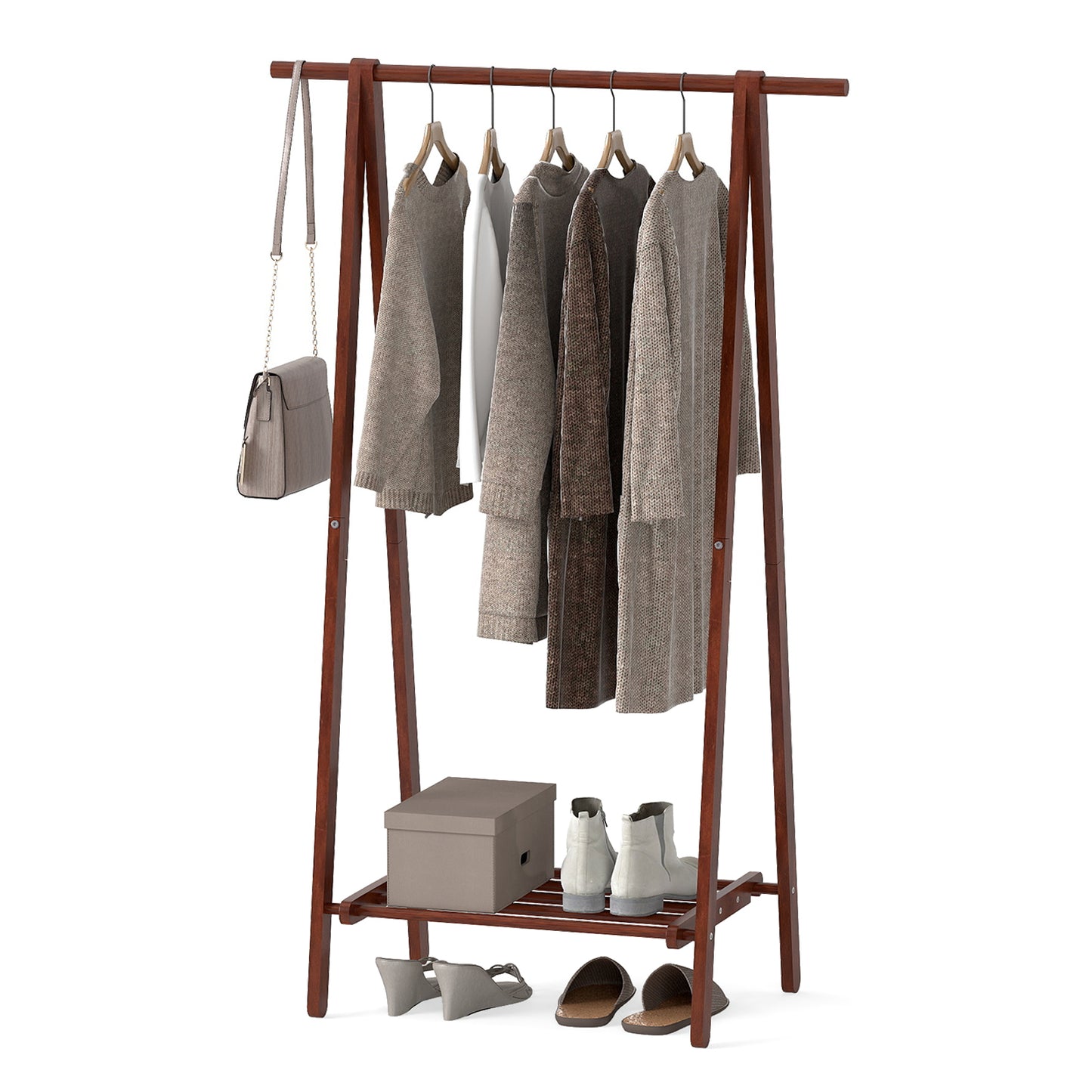 Folding Rubber Wood Clothes Hanging Rack Standing Garment Rack with Bottom Storage Shelf, Walnut Coat Racks & Hall Trees at Gallery Canada