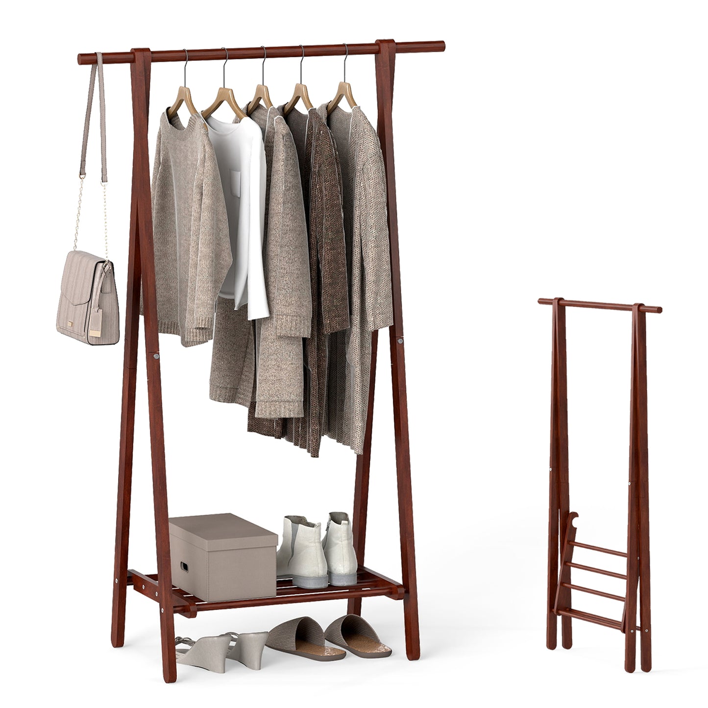 Folding Rubber Wood Clothes Hanging Rack Standing Garment Rack with Bottom Storage Shelf, Walnut Coat Racks & Hall Trees at Gallery Canada