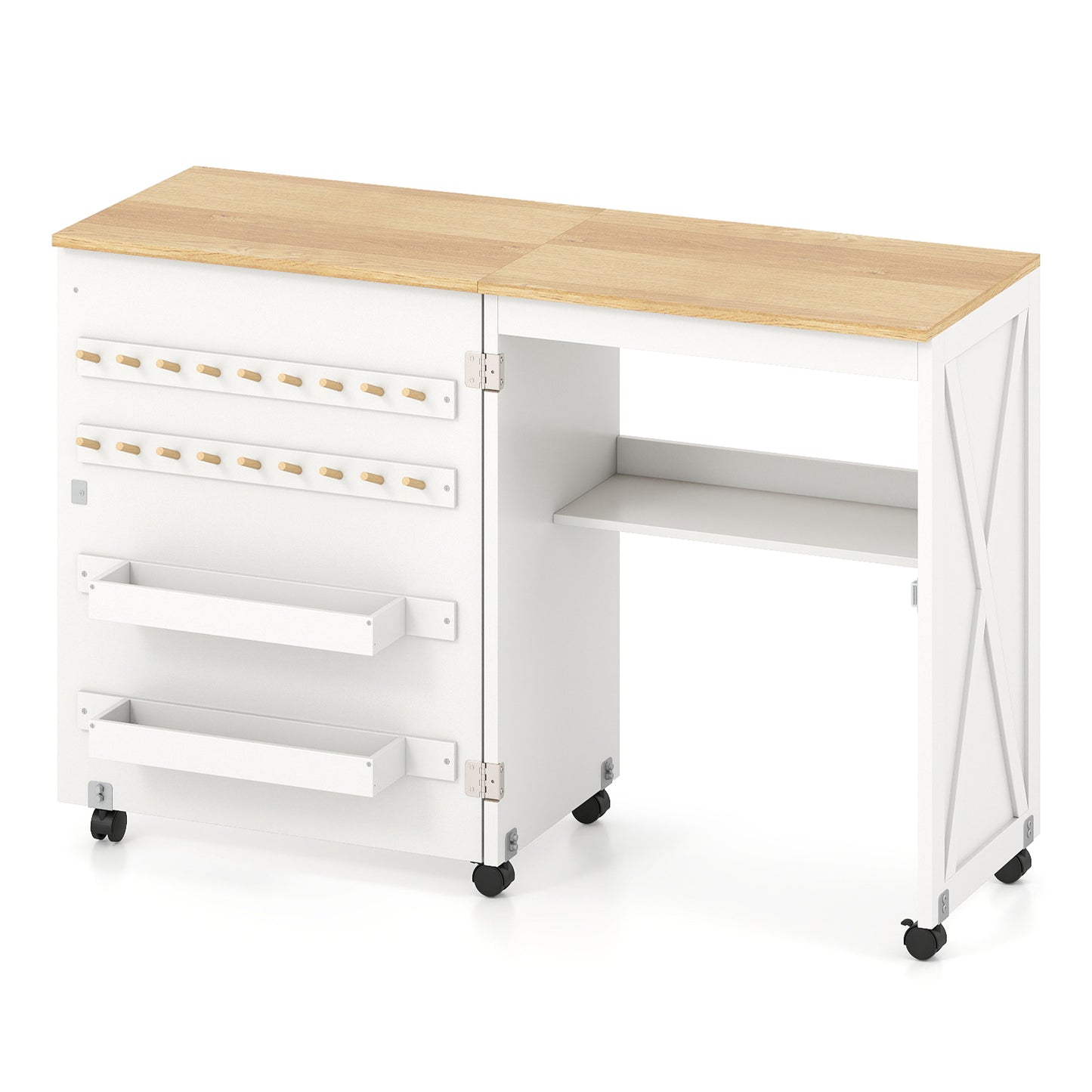 Folding Sewing Table with Storage Shelf and 5 Lockable Wheel-Natural and White, Natural & White Sewing Tables Natural & White at Gallery Canada