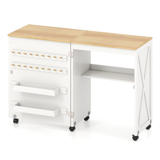 Folding Sewing Table with Storage Shelf and 5 Lockable Wheel-Natural and White, Natural & White Sewing Tables Natural & White at Gallery Canada
