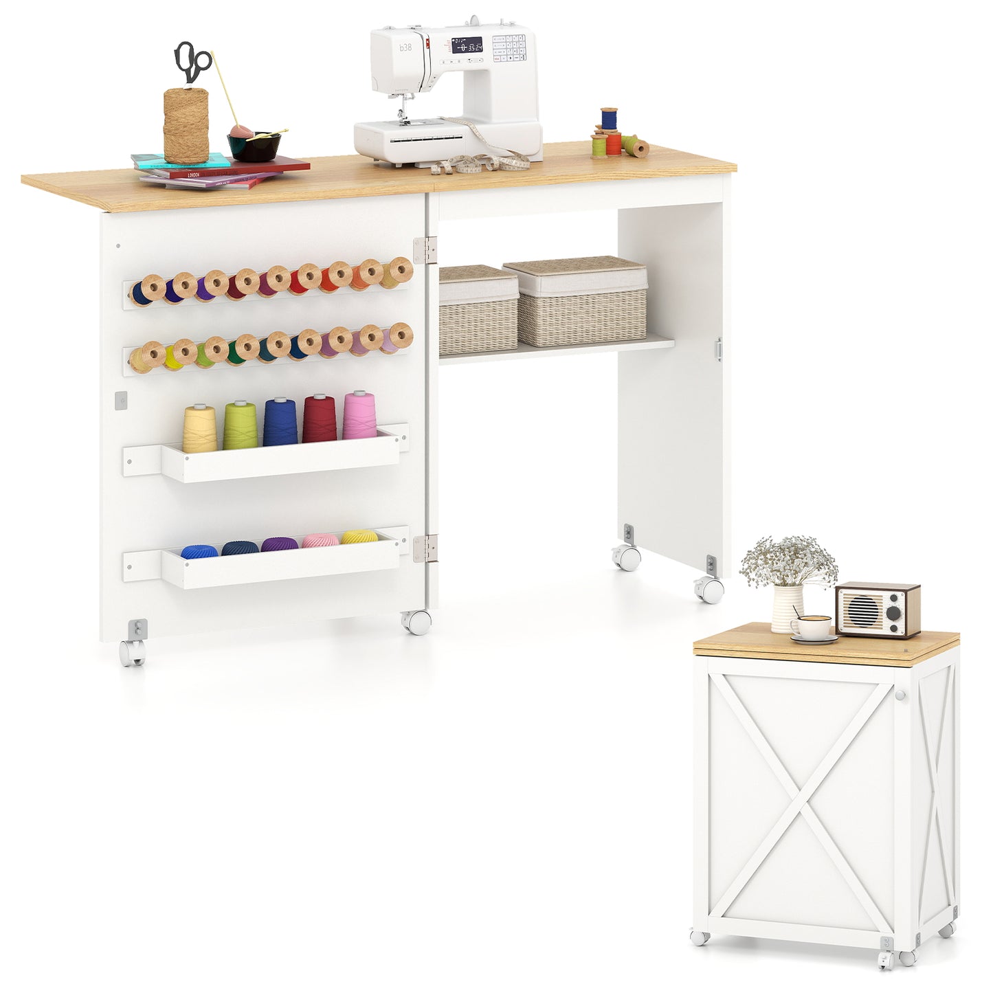 Folding Sewing Table with Storage Shelf and 5 Lockable Wheel-Natural and White, Natural & White Sewing Tables Natural & White at Gallery Canada