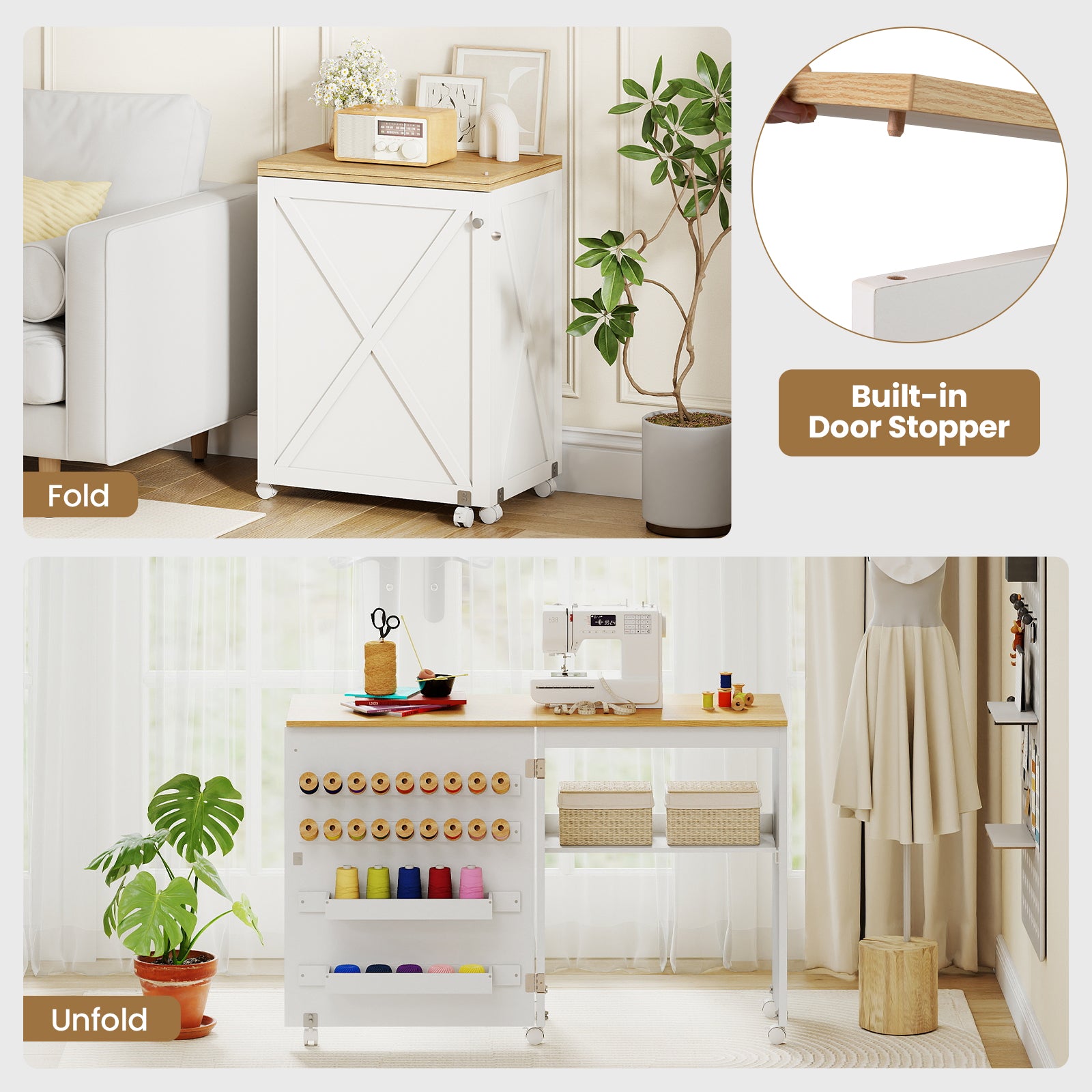Folding Sewing Table with Storage Shelf and 5 Lockable Wheel-Natural and White, Natural & White Sewing Tables at Gallery Canada