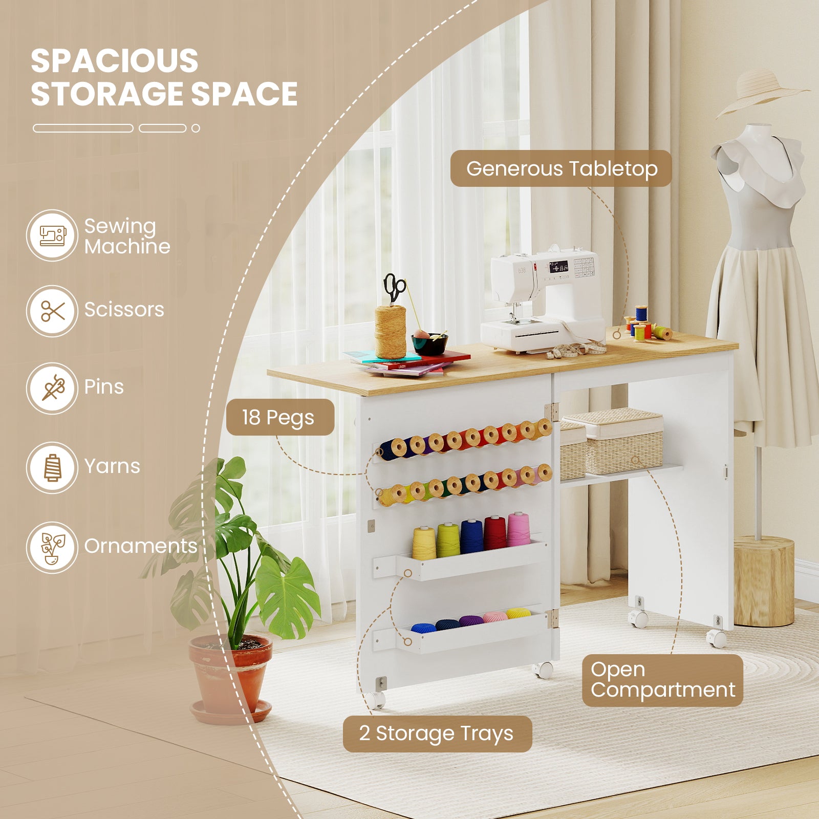 Folding Sewing Table with Storage Shelf and 5 Lockable Wheel-Natural and White, Natural & White Sewing Tables at Gallery Canada