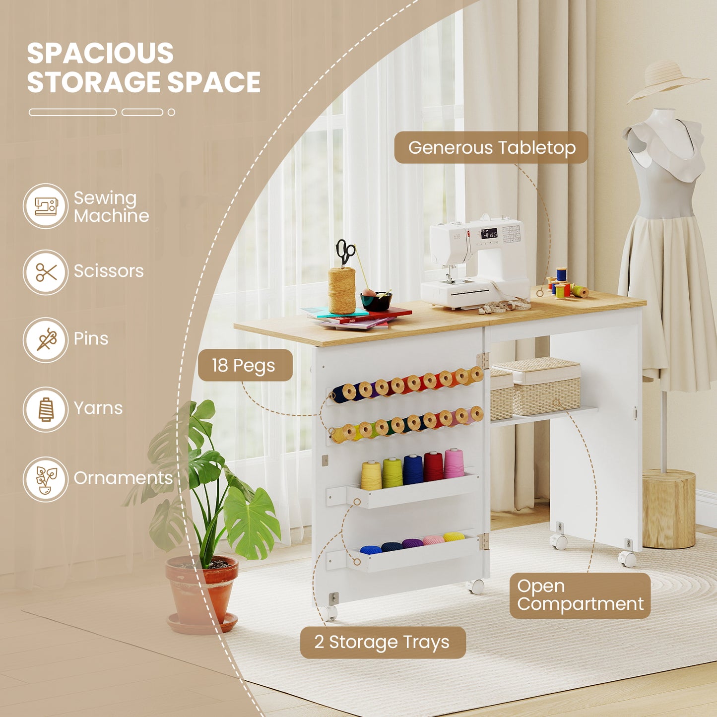 Folding Sewing Table with Storage Shelf and 5 Lockable Wheel-Natural and White, Natural & White Sewing Tables at Gallery Canada