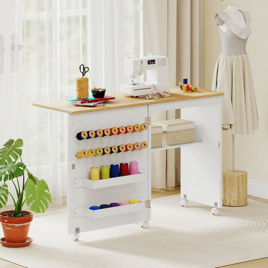 Folding Sewing Table with Storage Shelf and 5 Lockable Wheel-Natural and White, Natural & White Sewing Tables Natural & White at Gallery Canada