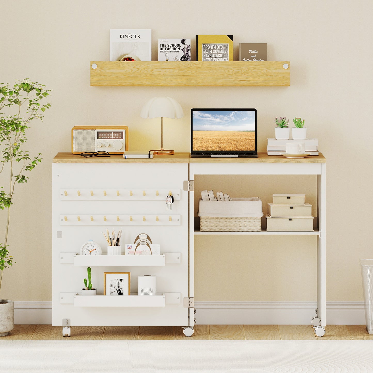 Folding Sewing Table with Storage Shelf and 5 Lockable Wheel-Natural and White, Natural & White Sewing Tables at Gallery Canada