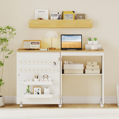 Folding Sewing Table with Storage Shelf and 5 Lockable Wheel-Natural and White, Natural & White Sewing Tables at Gallery Canada