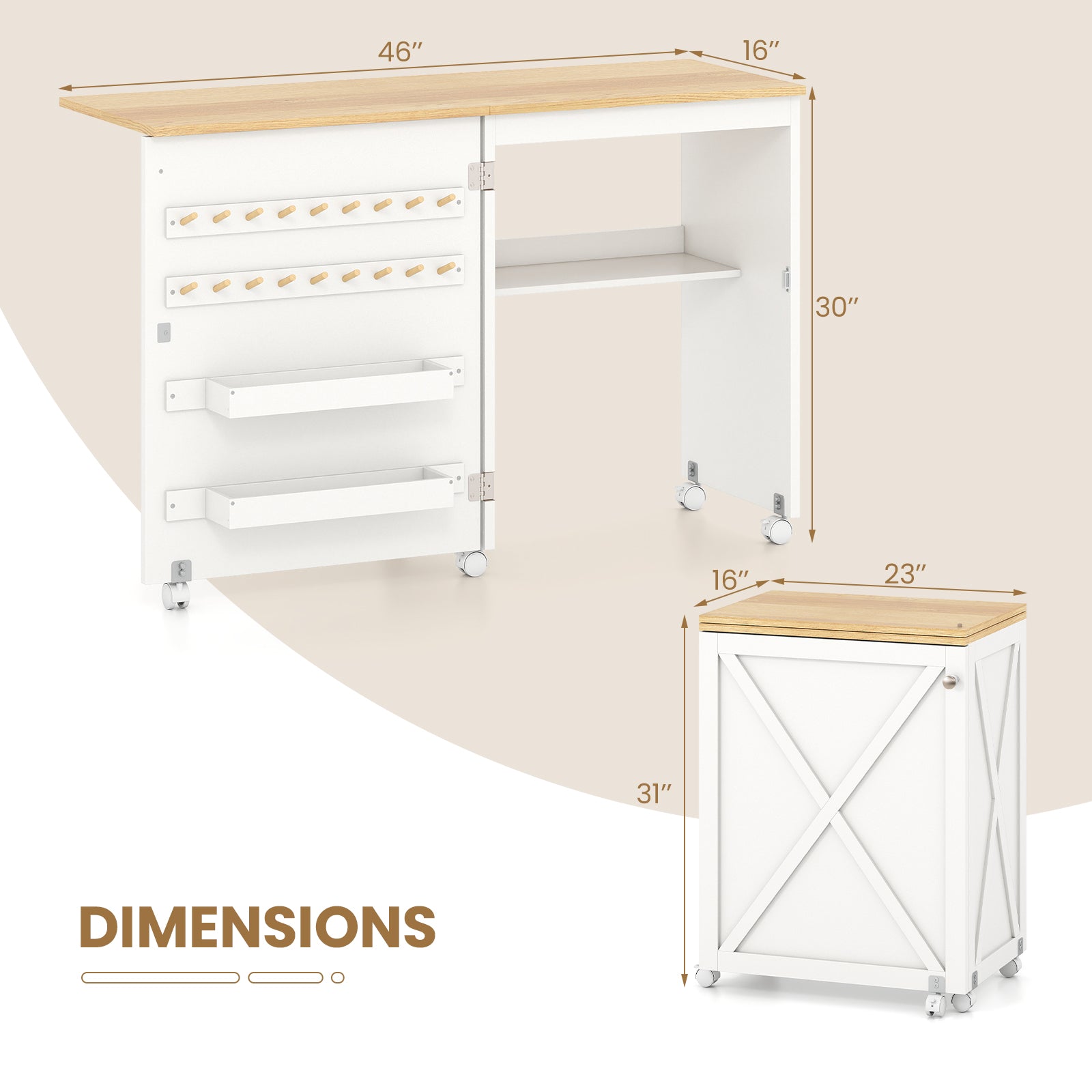 Folding Sewing Table with Storage Shelf and 5 Lockable Wheel-Natural and White, Natural & White Sewing Tables at Gallery Canada