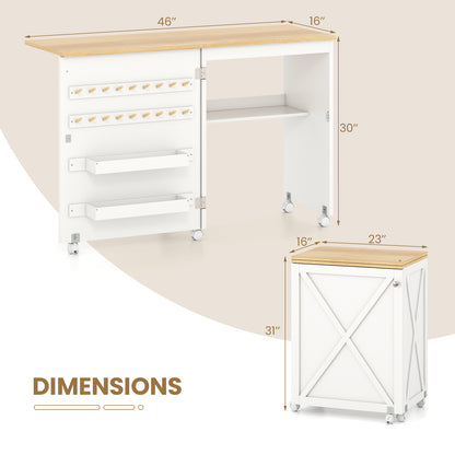 Folding Sewing Table with Storage Shelf and 5 Lockable Wheel-Natural and White, Natural & White Sewing Tables at Gallery Canada