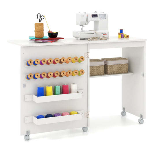 Folding Sewing Table With Storage Shelf, 5 Lockable Wheels, White Sewing Tables White at Gallery Canada