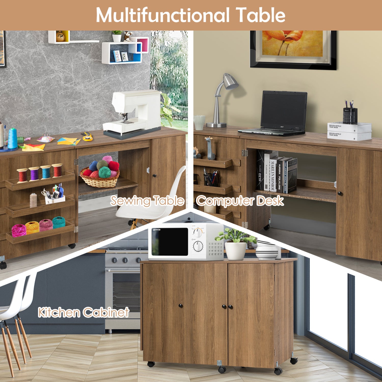 Folding Sewing Table, Storage Cabinet, Craft Cart With Wheels, Natural Sewing Tables at Gallery Canada