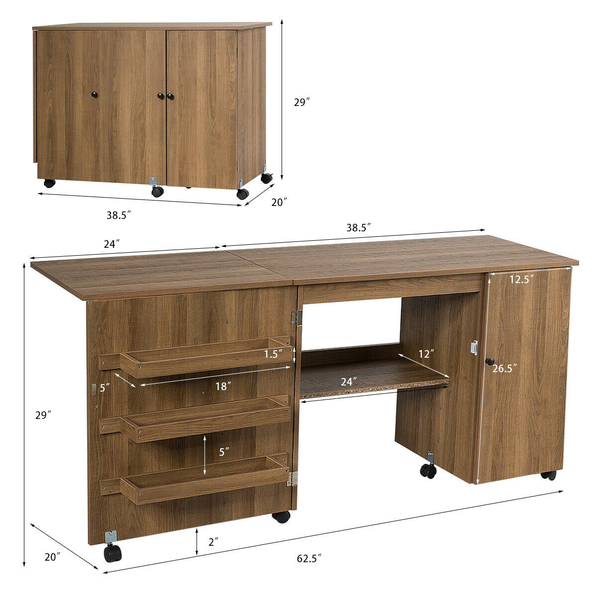 Folding Sewing Table, Storage Cabinet, Craft Cart With Wheels, Natural Sewing Tables at Gallery Canada