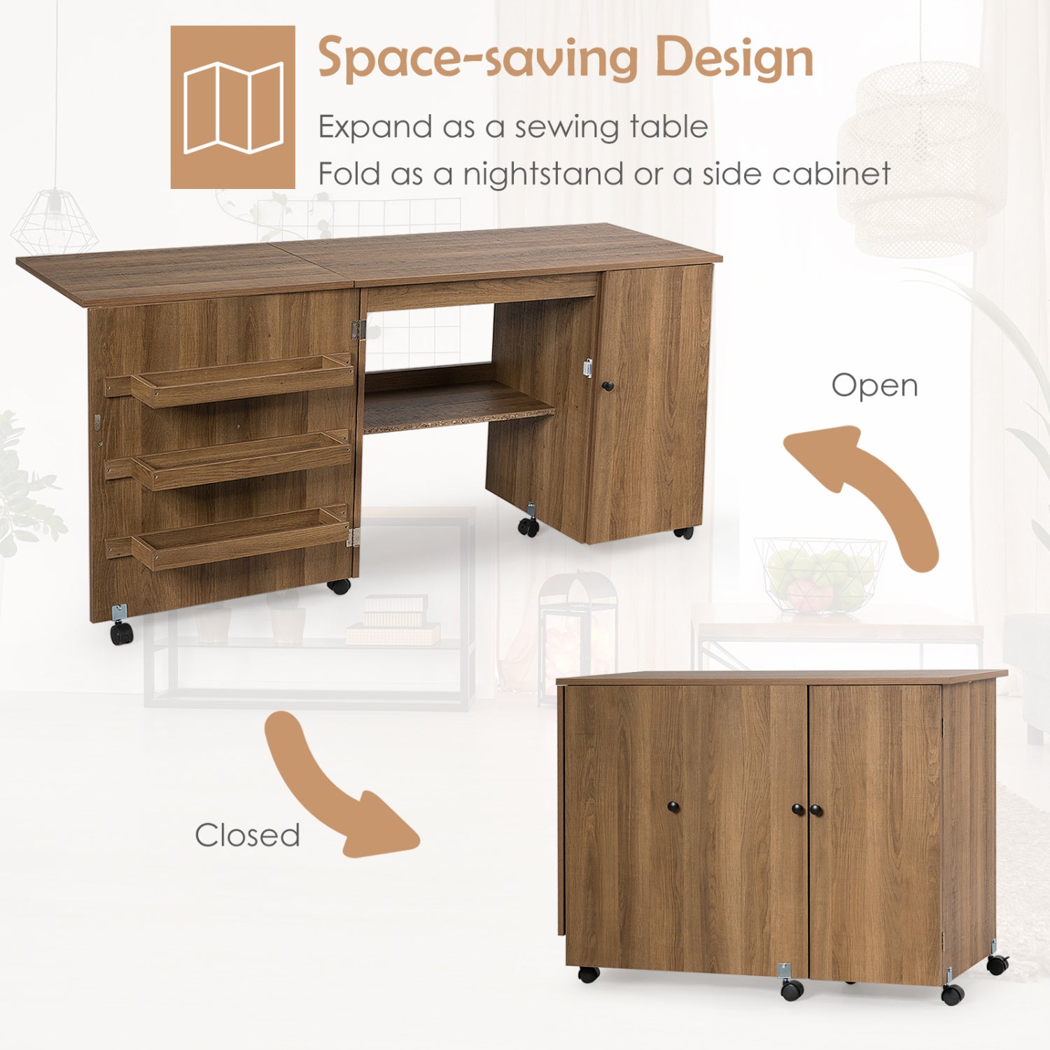 Folding Sewing Table, Storage Cabinet, Craft Cart With Wheels, Natural Sewing Tables at Gallery Canada