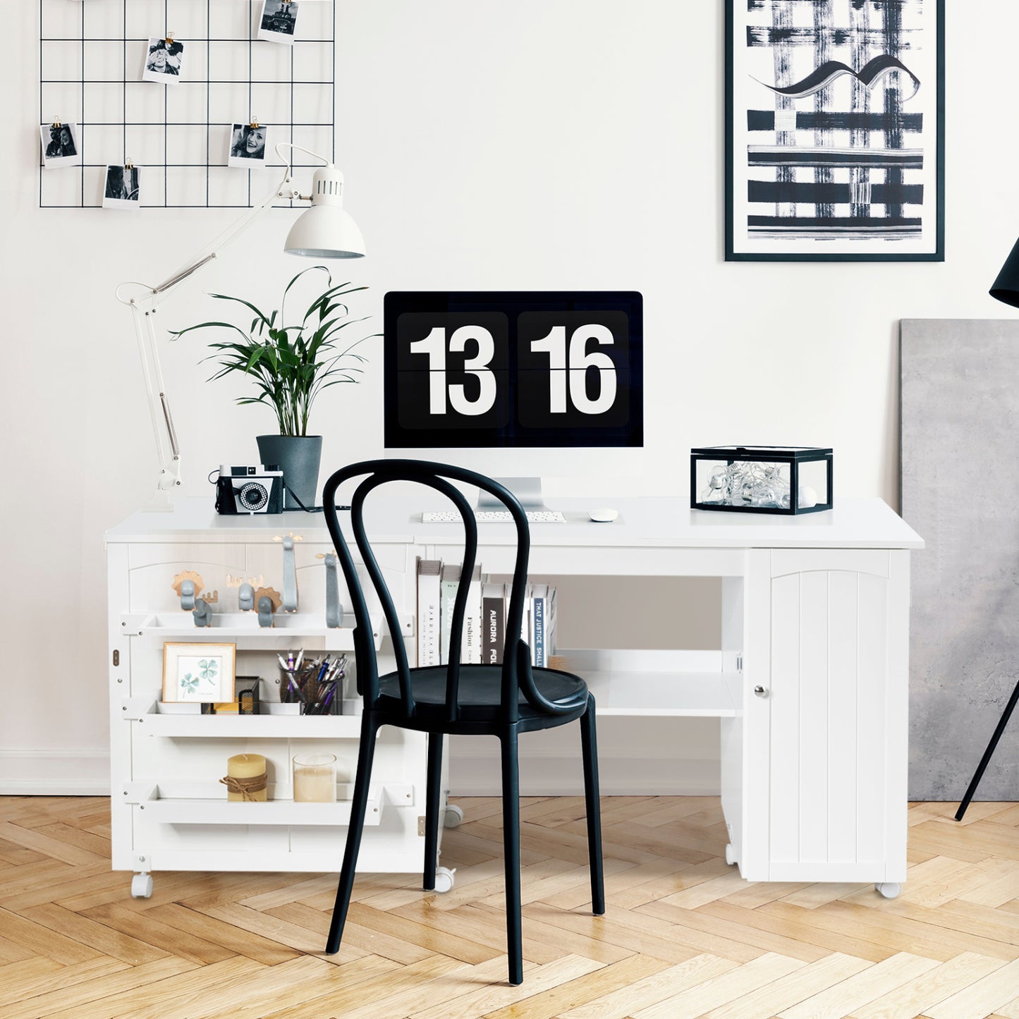Folding Sewing Table Shelves Storage Cabinet Craft Cart with Wheels, White Sewing Tables at Gallery Canada