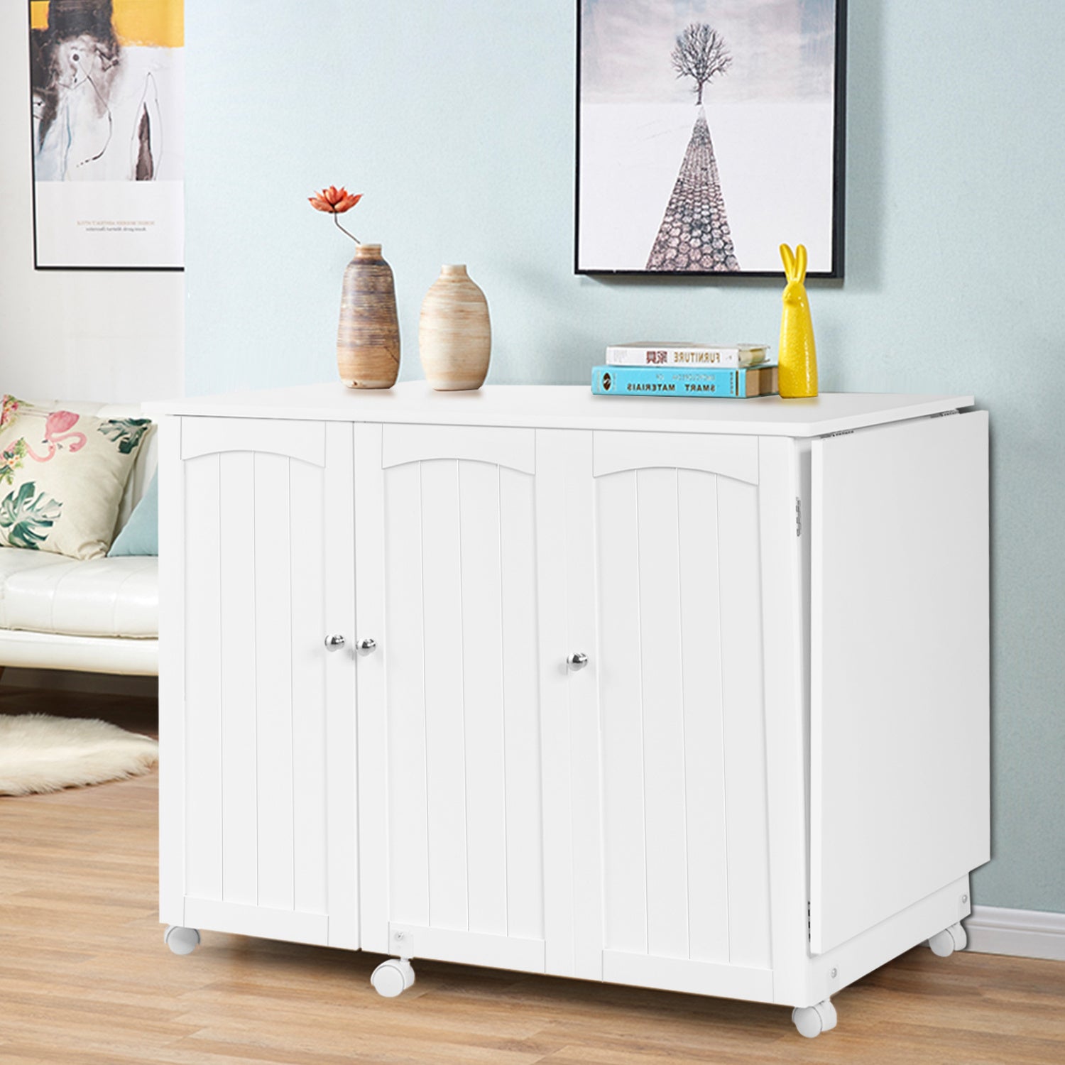 Folding Sewing Table Shelves Storage Cabinet Craft Cart with Wheels, White Sewing Tables at Gallery Canada