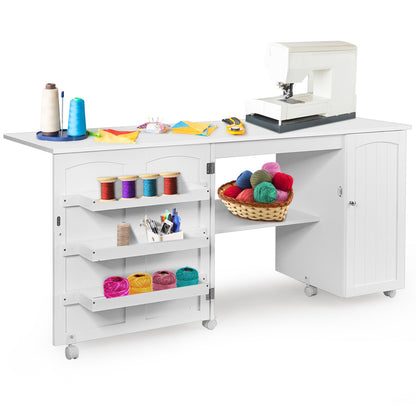 Folding Sewing Table Shelves Storage Cabinet Craft Cart with Wheels, White Sewing Tables at Gallery Canada