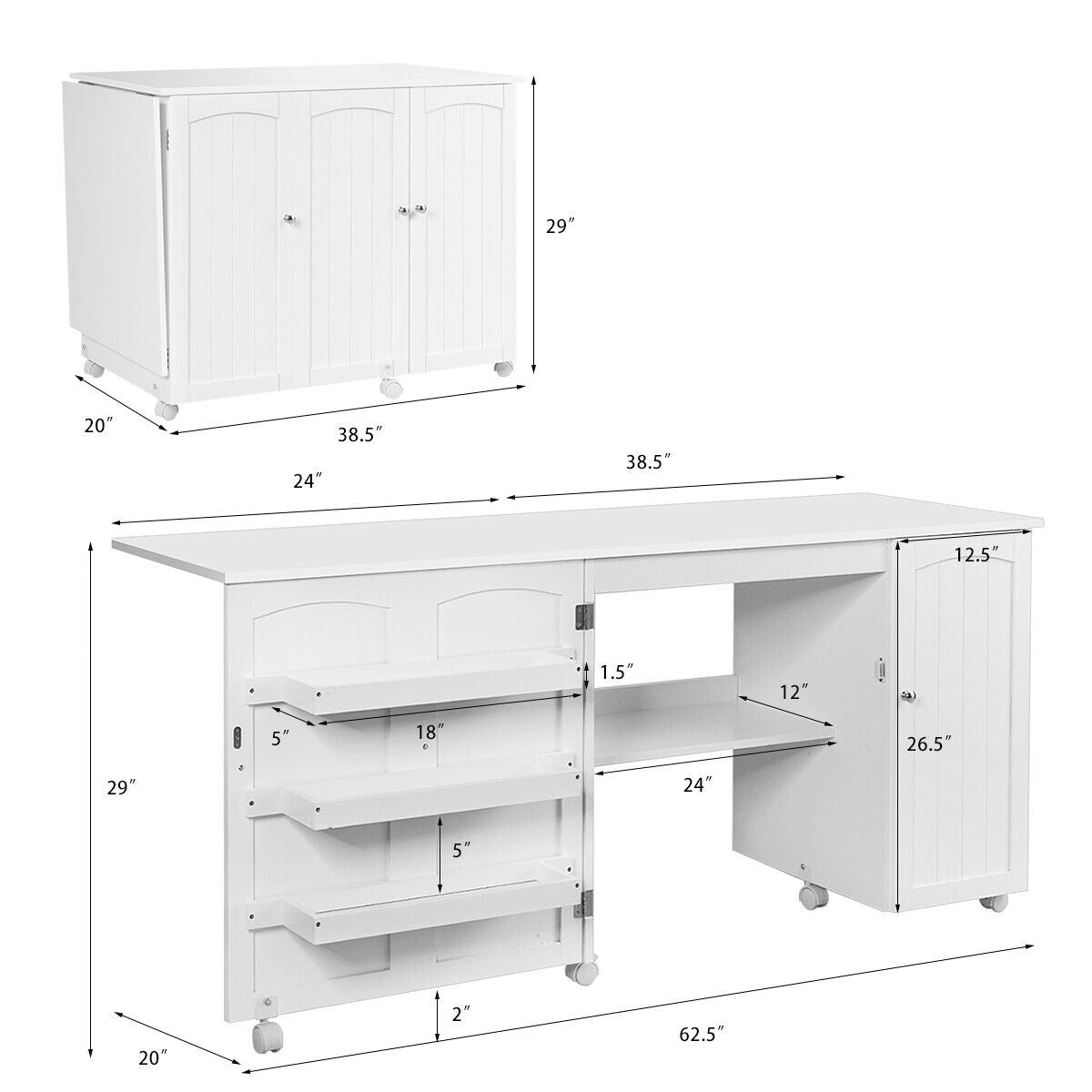 Folding Sewing Table Shelves Storage Cabinet Craft Cart with Wheels, White Sewing Tables at Gallery Canada