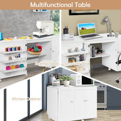 Folding Sewing Table Shelves Storage Cabinet Craft Cart with Wheels, White Sewing Tables at Gallery Canada