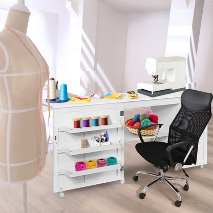 Folding Sewing Table Shelves Storage Cabinet Craft Cart with Wheels, White Sewing Tables at Gallery Canada