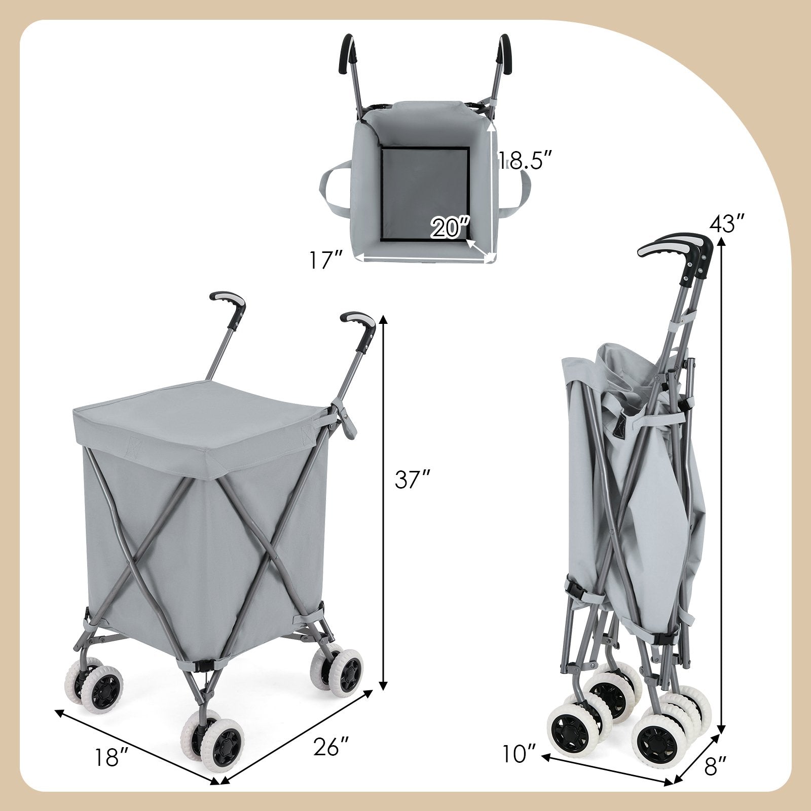 Folding Shopping Utility Cart with Water-Resistant Removable Canvas Bag-Grey, Gray Kitchen at Gallery Canada