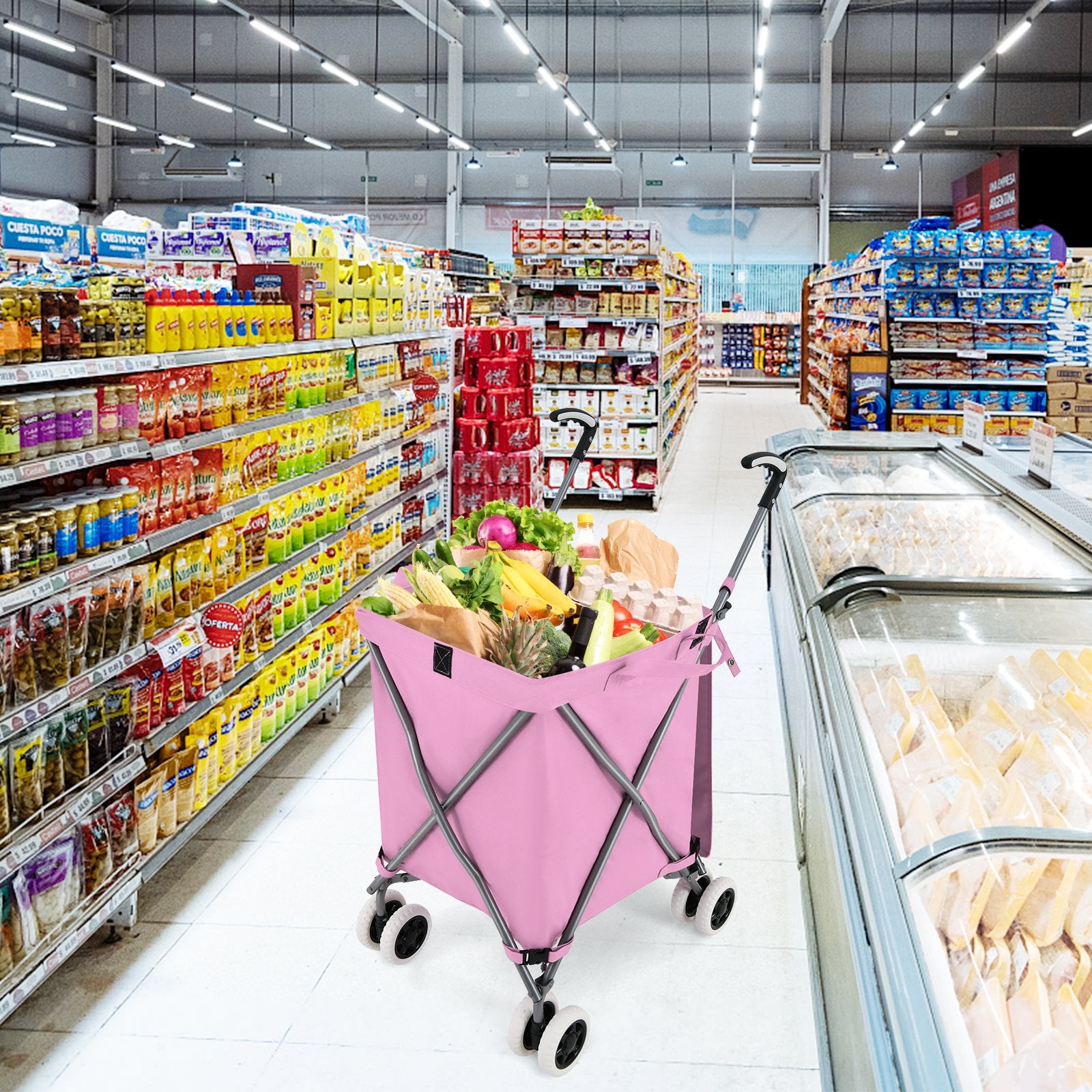 Folding Shopping Utility Cart with Water-Resistant Removable Canvas Bag, Pink Kitchen at Gallery Canada