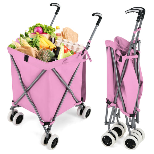 Folding Shopping Cart, Water-Resistant Canvas Bag, Pink