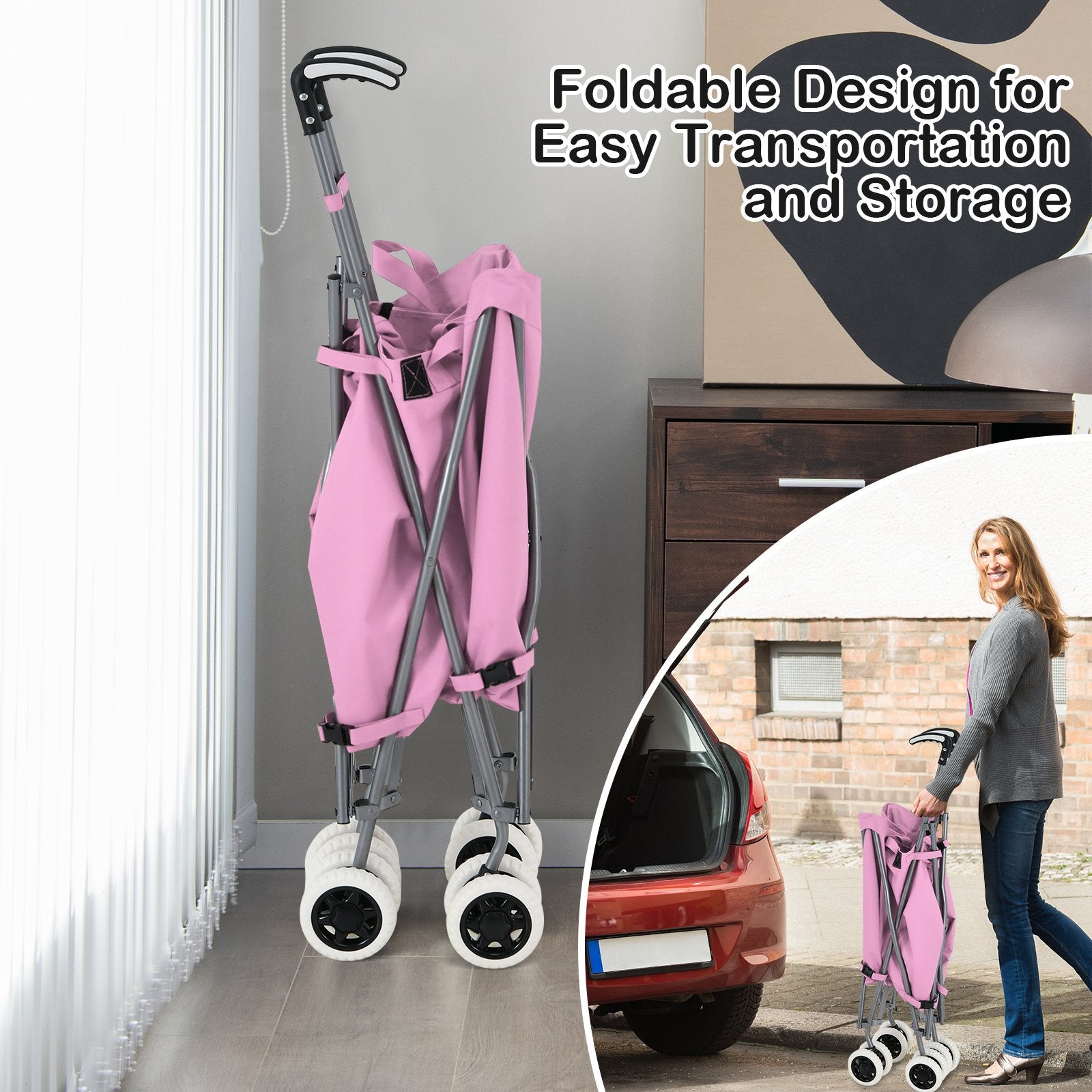 Folding Shopping Utility Cart with Water-Resistant Removable Canvas Bag, Pink Kitchen at Gallery Canada