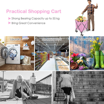 Folding Shopping Utility Cart with Water-Resistant Removable Canvas Bag, Pink Kitchen at Gallery Canada