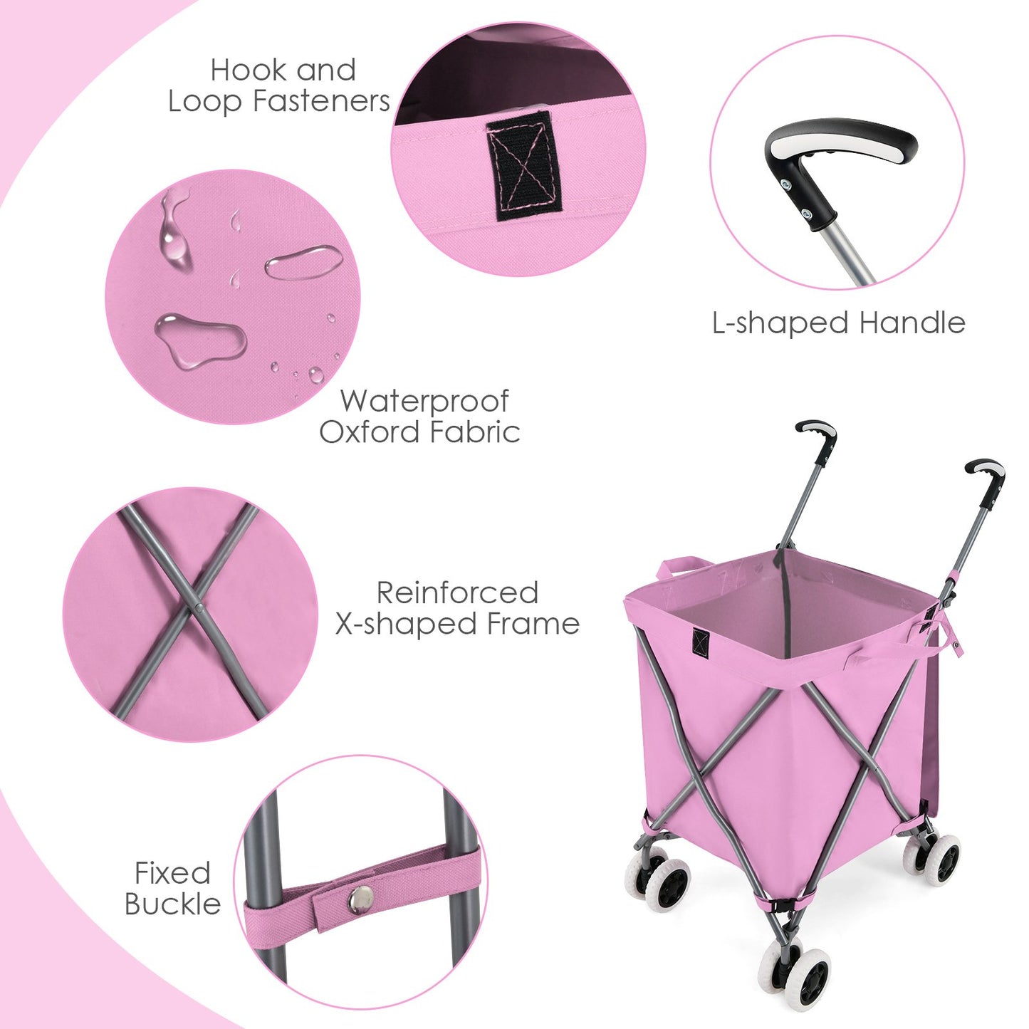 Folding Shopping Utility Cart with Water-Resistant Removable Canvas Bag, Pink Kitchen at Gallery Canada