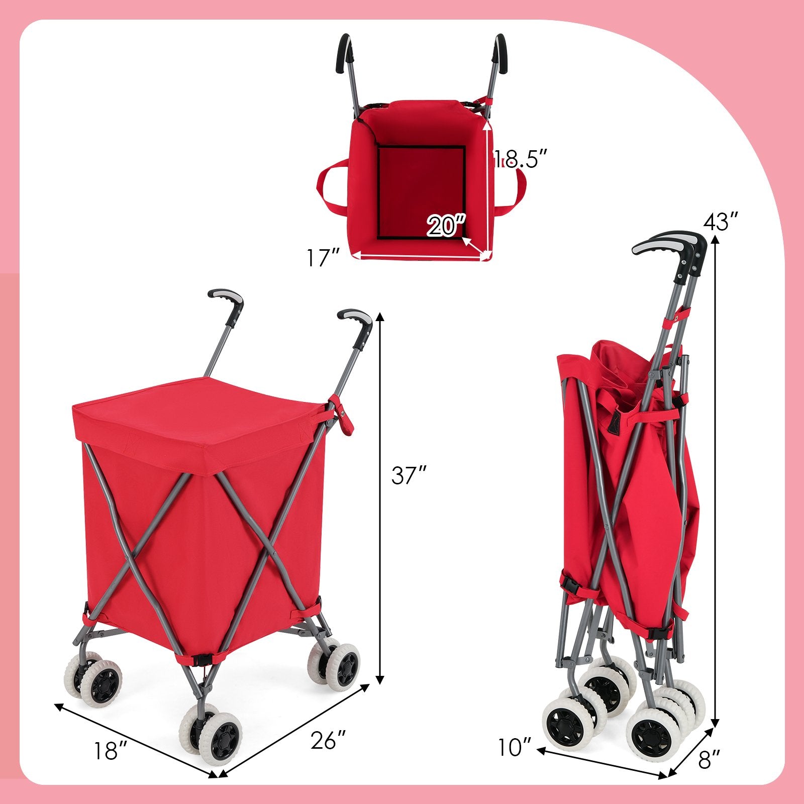 Folding Shopping Utility Cart with Water-Resistant Removable Canvas Bag, Red Kitchen at Gallery Canada