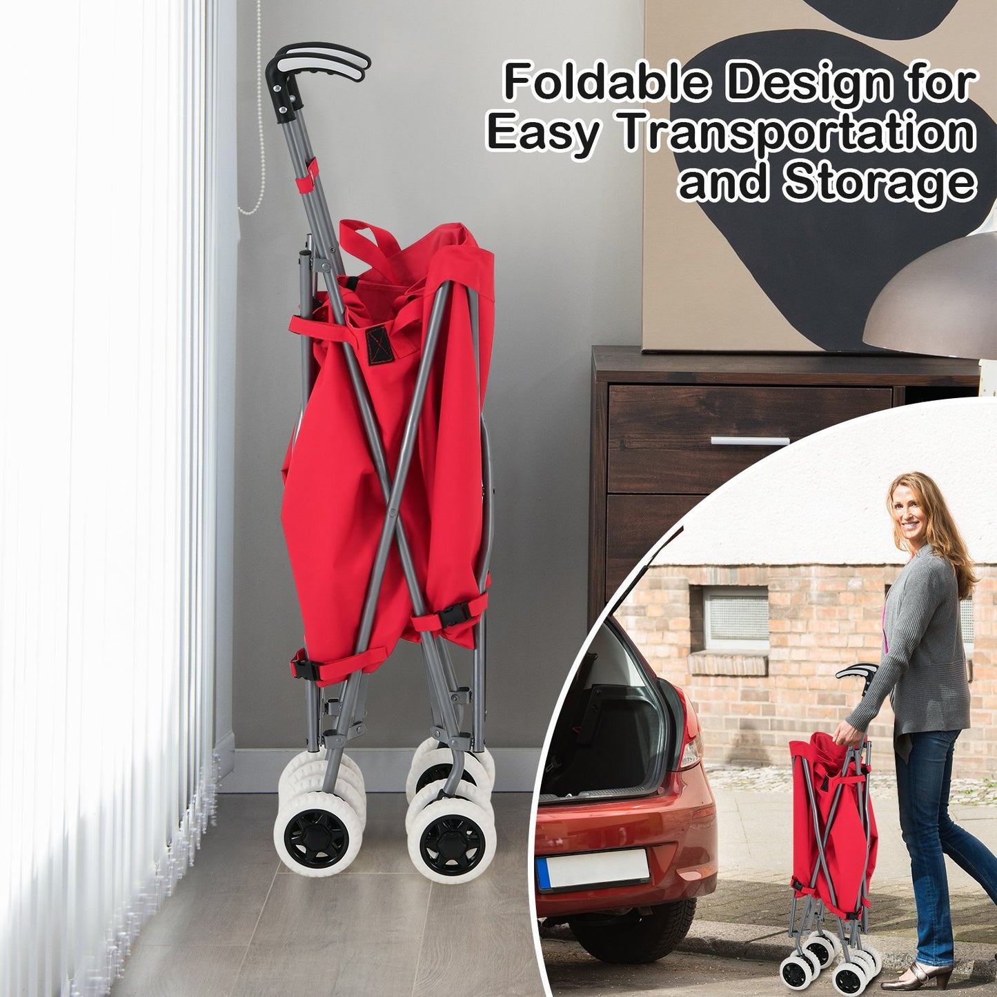 Folding Shopping Utility Cart with Water-Resistant Removable Canvas Bag, Red Kitchen at Gallery Canada
