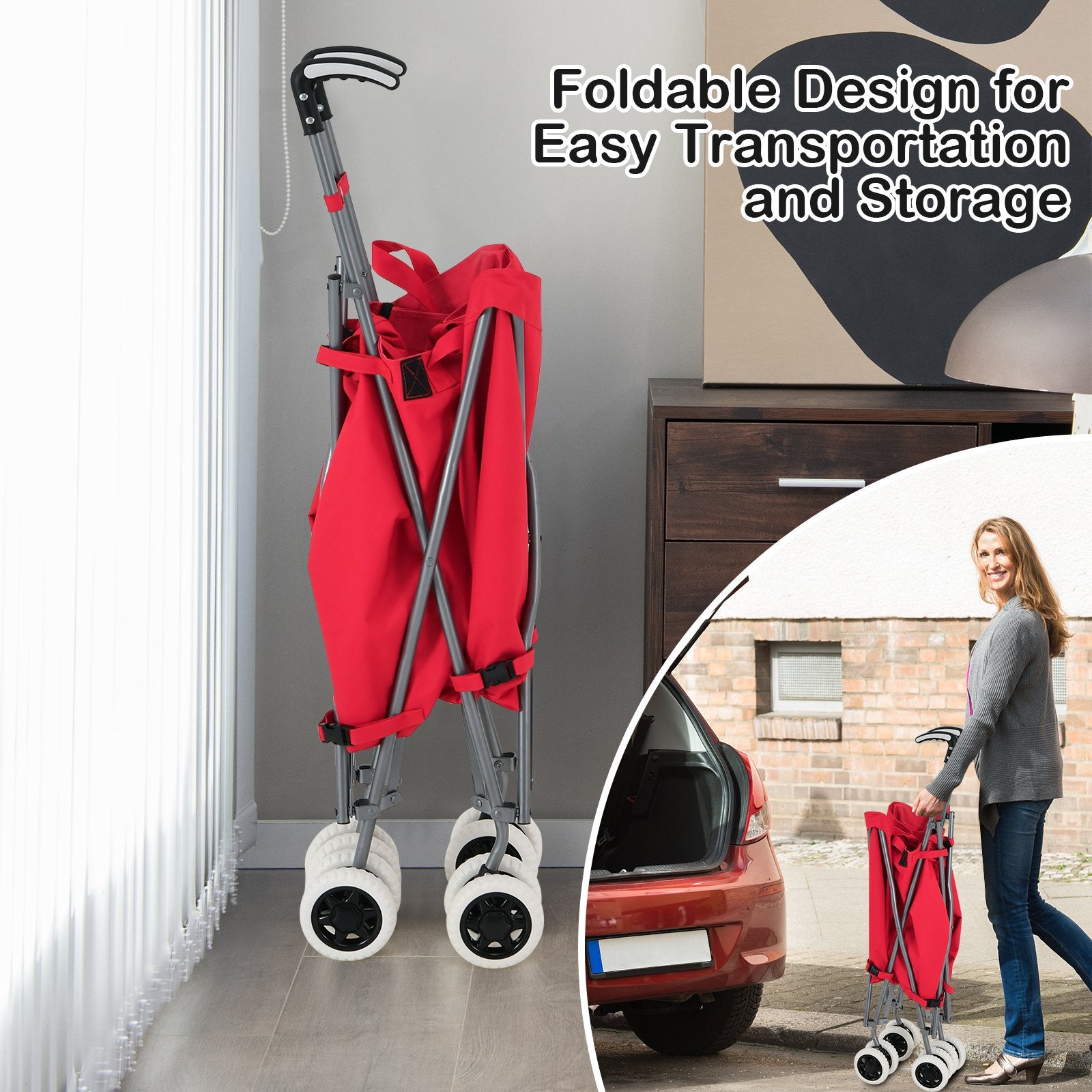 Folding Shopping Utility Cart with Water-Resistant Removable Canvas Bag, Red Kitchen at Gallery Canada