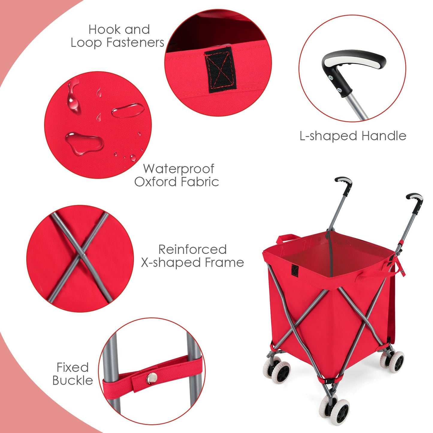 Folding Shopping Utility Cart with Water-Resistant Removable Canvas Bag, Red Kitchen at Gallery Canada