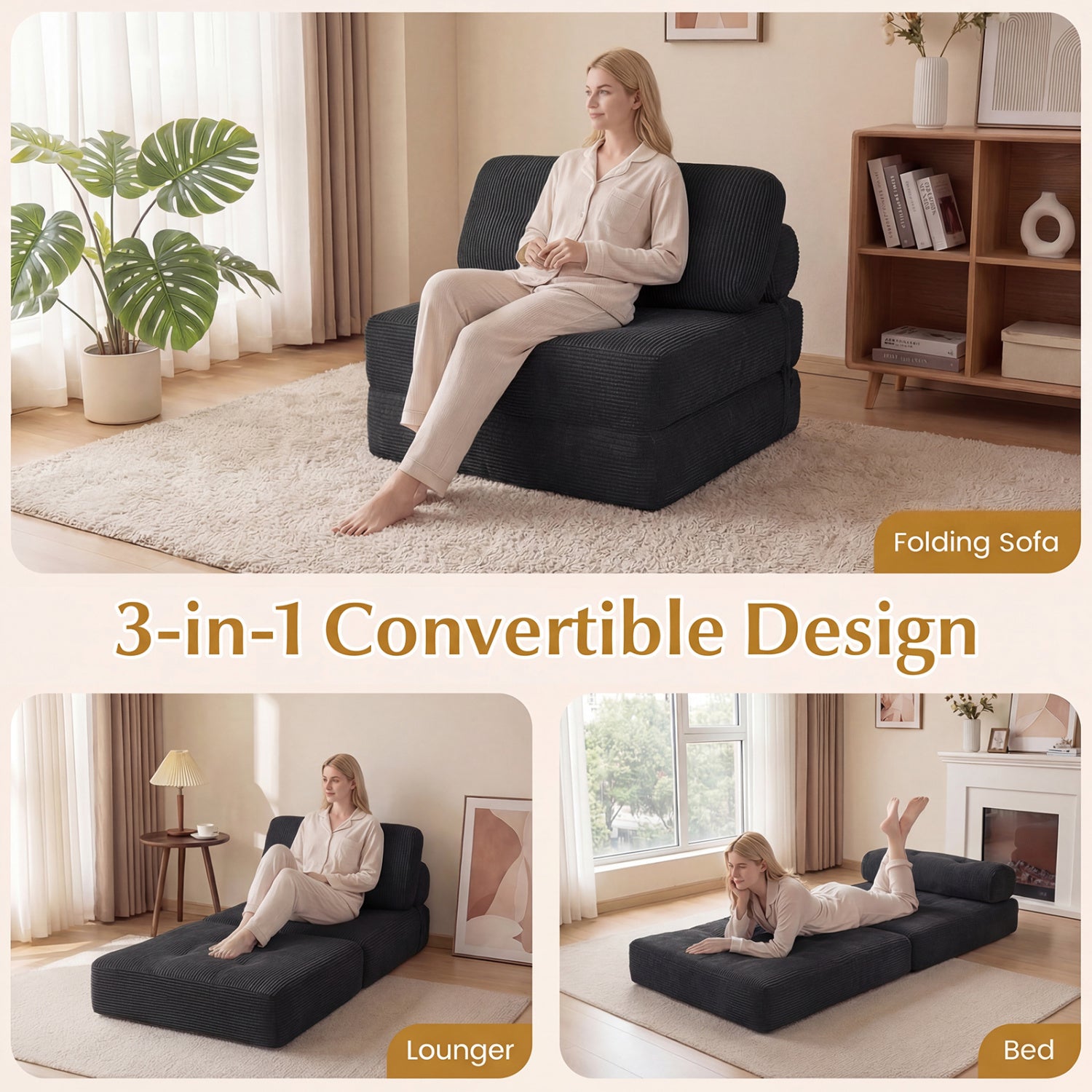 Folding Sofa Bed With Pillow, Back Support, Black Sofas & Loveseats at Gallery Canada