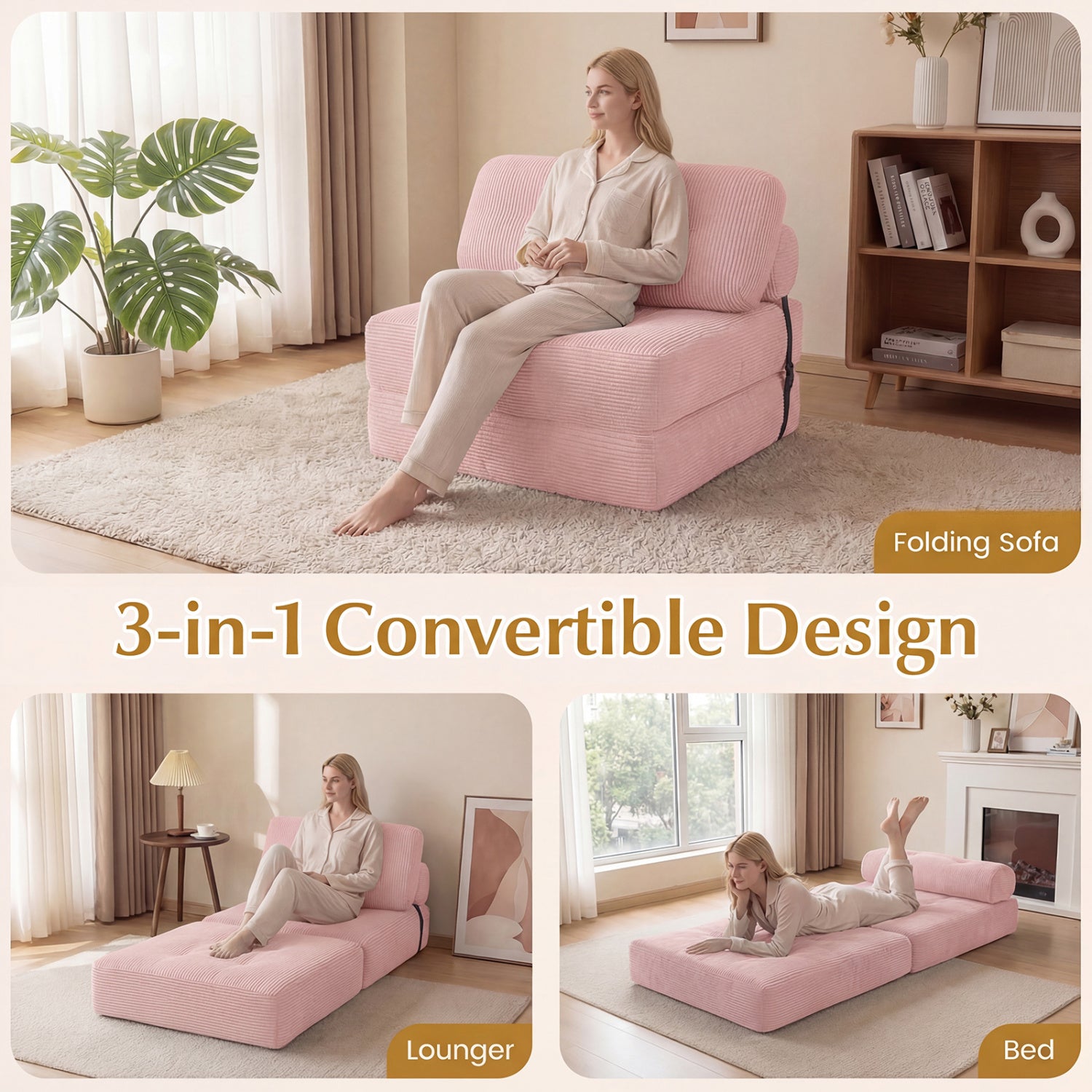 Folding Sofa Bed With Pillow, Living Room, Pink Sofas & Loveseats at Gallery Canada