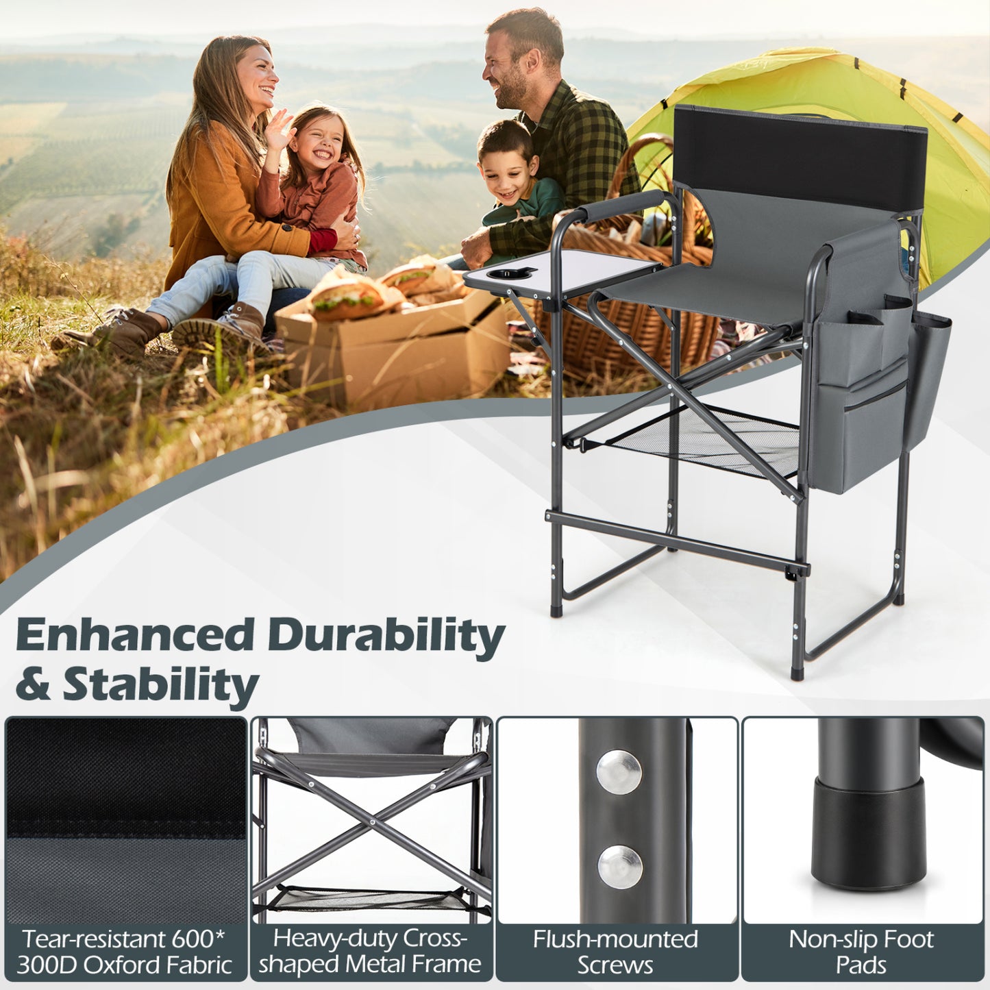 Folding Tall Director Chair 26 Inch, Portable Camping Chair, Gray