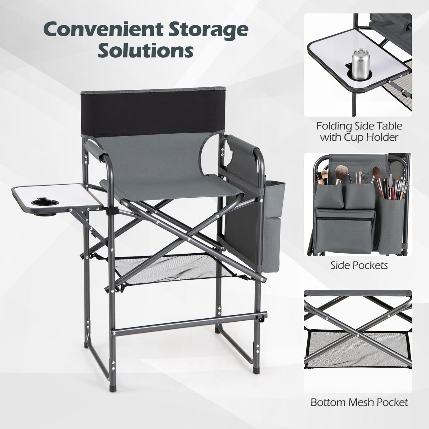 Folding Tall Director Chair 26 Inch, Portable Camping Chair, Gray