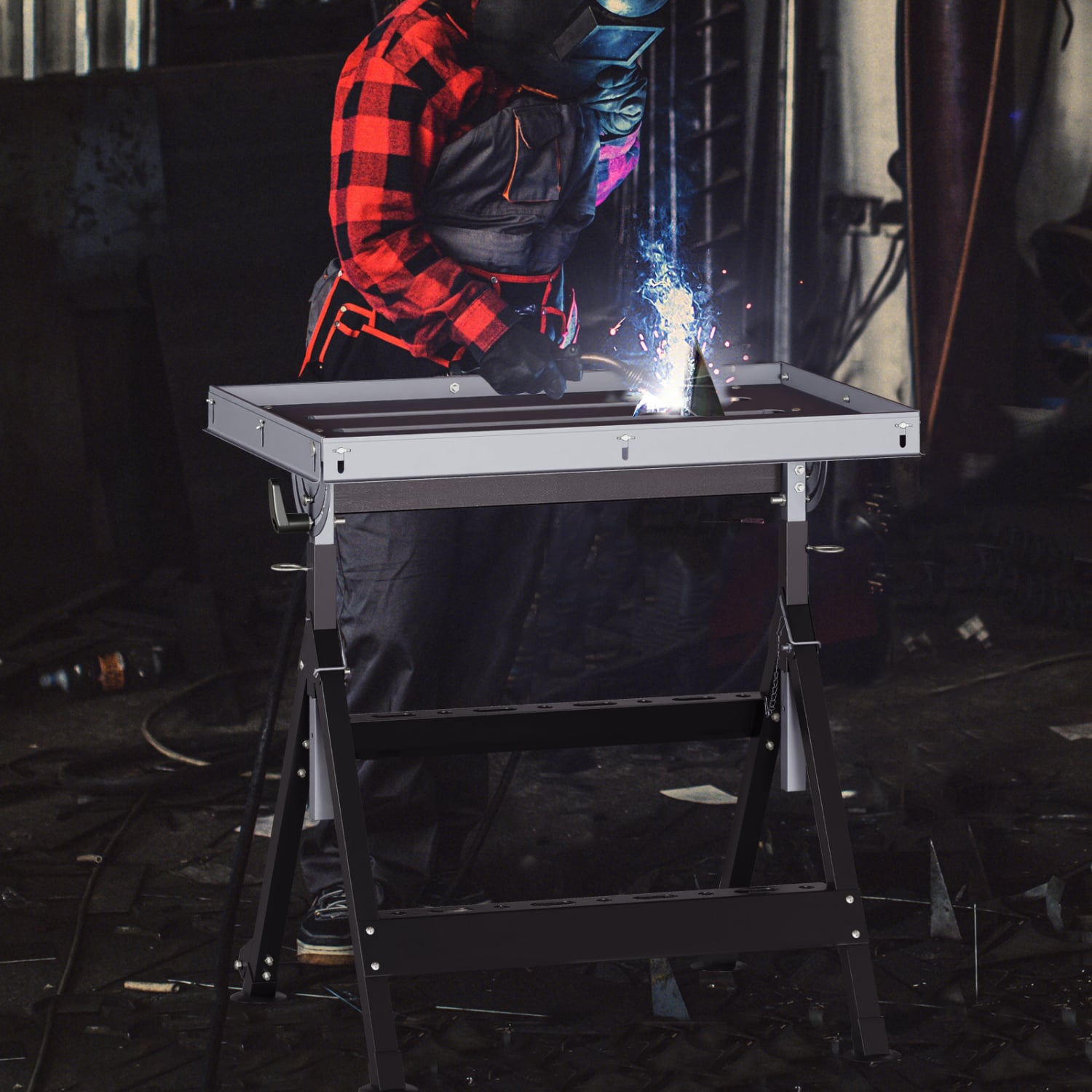 Folding Welding Table With 2 Fixed Wheels, 4-Level Height, Black Garages at Gallery Canada
