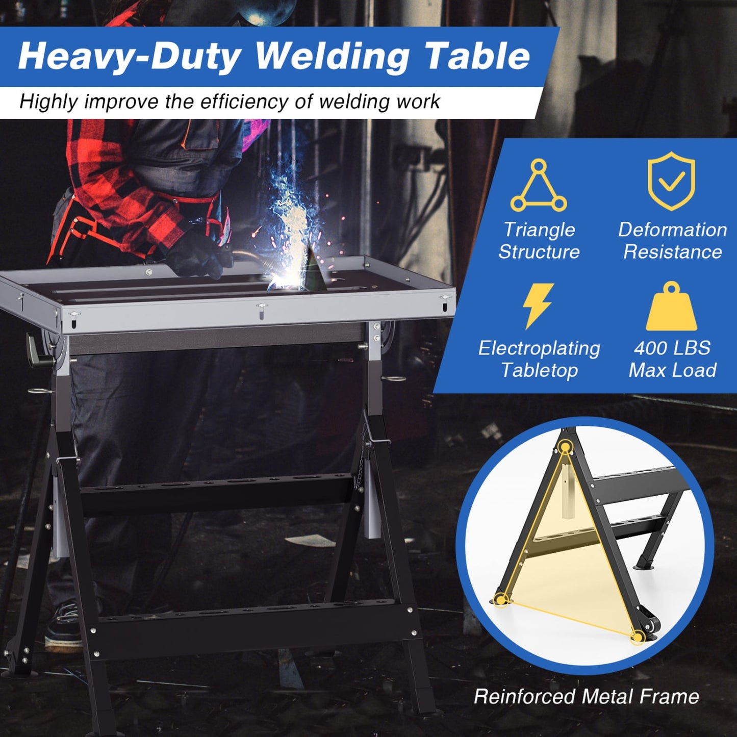 Folding Welding Table With 2 Fixed Wheels, 4-Level Height, Black Garages at Gallery Canada