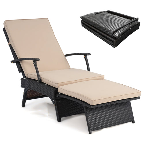 Folding Wicker Chaise Lounge With Ottoman, Brown