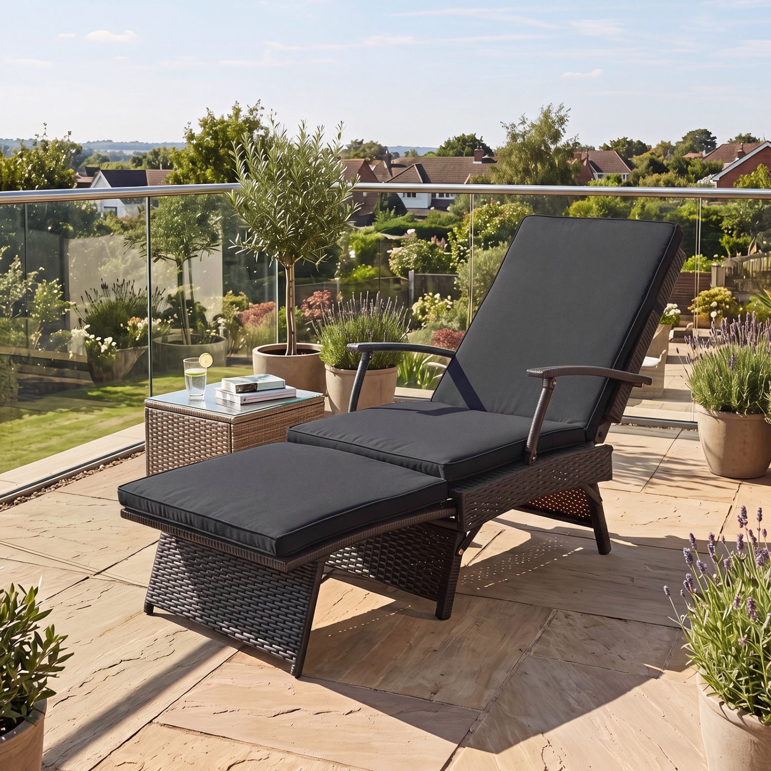 Folding Wicker Chaise Lounge With Ottoman, 11-Level Backrest, Black Outdoor Chaise Lounges at Gallery Canada