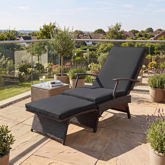 Folding Wicker Chaise Lounge With Ottoman, 11-Level Backrest, Black Outdoor Chaise Lounges Black at Gallery Canada