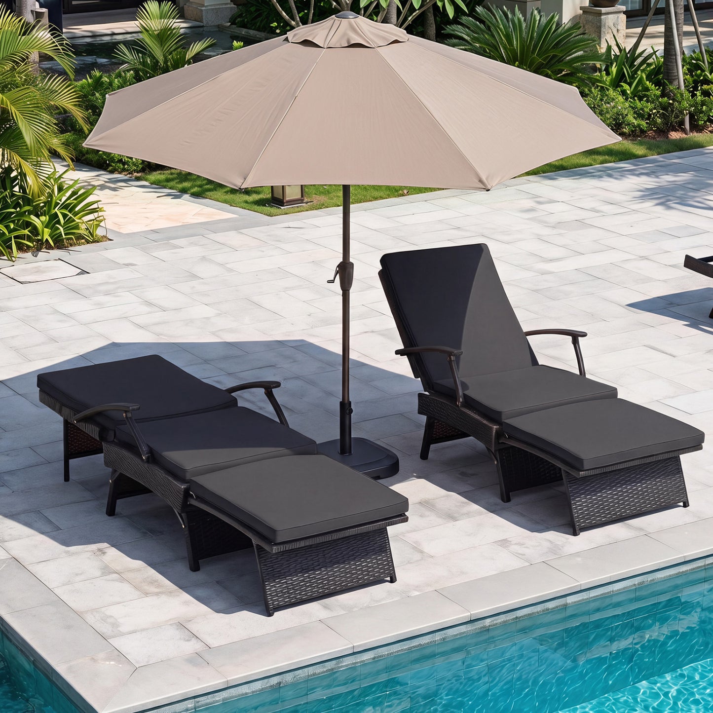 Folding Wicker Chaise Lounge With Ottoman, 11-Level Backrest, Black Outdoor Chaise Lounges at Gallery Canada